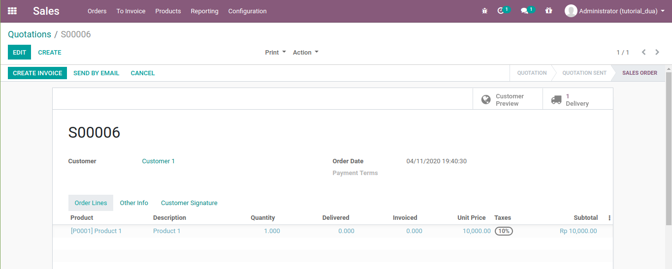Odoo sales order with a product and its internal reference